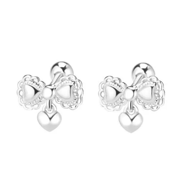 Cute Bow Heart Dangle Earrings – Silver Tone - Picture 1 of 5